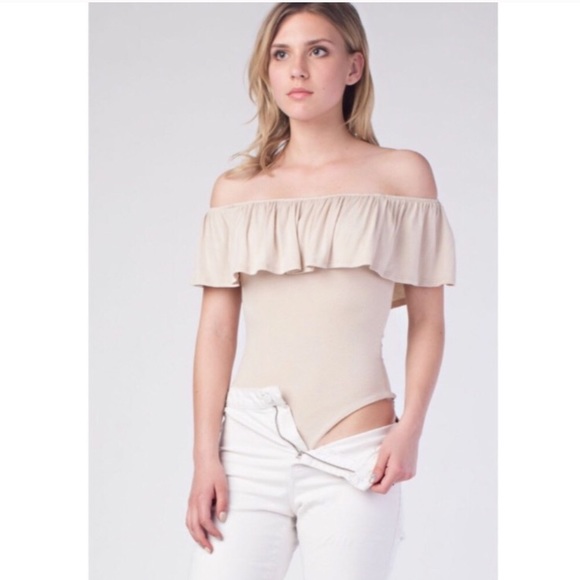 Honey Punch Tops - Honey Punch Nude Ruffle Off Shoulder Bodysuit